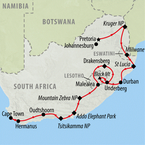 Map: South Africa, Eswatini & Lesotho (On The Go Tours)