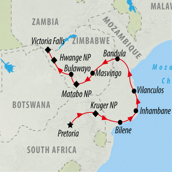 Map: Mozambique & Zimbabwe Discovery (On The Go Tours)