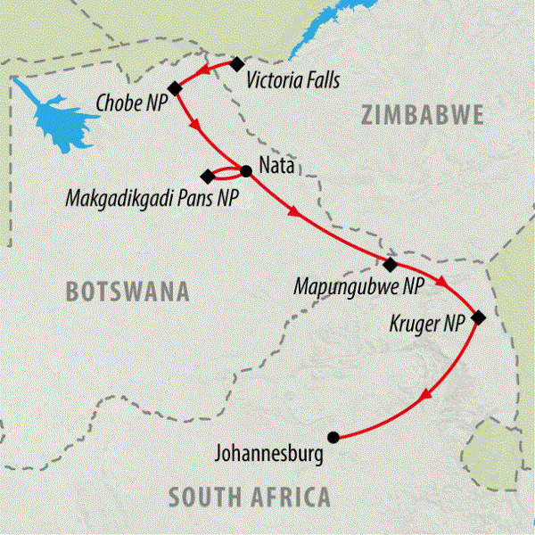 Map: Victoria Falls to Joburg (On The Go Tours)