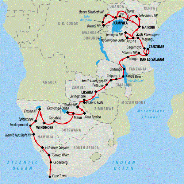Map: Great African Expedition Northbound (On The Go Tours)