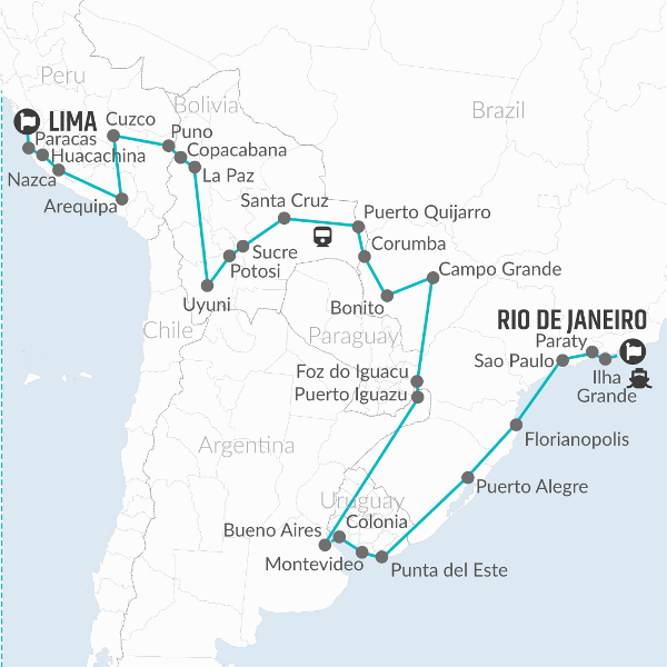 Map: Lima to Rio de Janeiro (via Uruguay & Pantanal) Travel Pass (Bamba)
