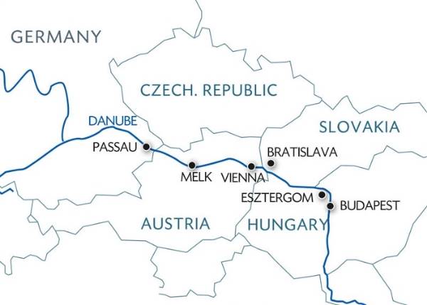 Map: The beautiful blue Danube from Passau to Budapest (port-to-port cruise) (Croisi Europe)