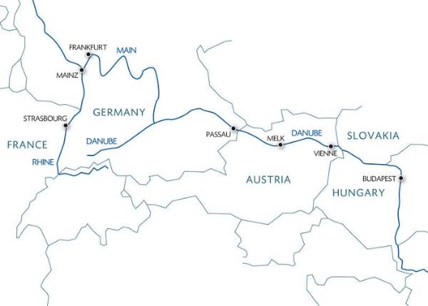 Map: Trans-European cruise from Budapest to Strasbourg (port-to-port cruise) (Croisi Europe)