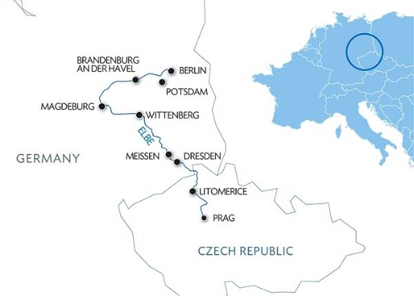 Map: From Prague to Berlin: Cruise on the Vltava and Elbe Rivers (port-to-port cruise) (Croisi Europe)