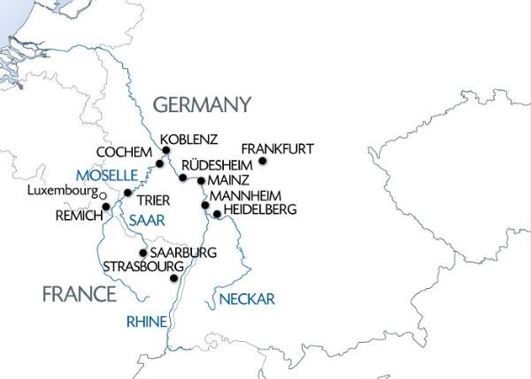 Map: 5 Different Rivers: The Rhine, Neckar, Main, Moselle, and Saar (port-to-port cruise) (Croisi Europe)