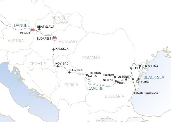 Map: Van de Blauwe Donau naar de Zwarte Zee via de IJzeren Poort tot de delta van de Donau (formule haven/haven) (Croisi Europe)