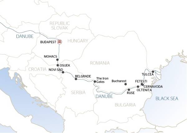 Map: Along the river Danube, Budapest, the Balkan peninsula and the Danube delta (port-to-port cruise) (Croisi Europe)