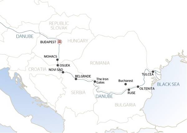 Map: Along the Danube, the Danube delta, the Balkan peninsula and Budapest (port-to-port cruise) (Croisi Europe)