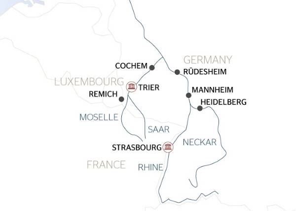 Map: 4 Rivers: The Neckar, Romantic Rhine, Moselle, and Sarre Valleys (port-to-port cruise) (Croisi Europe)