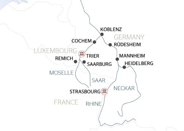 Map: 4 Rivers: The Moselle, Sarre, Romantic Rhine, and Neckar Valleys (port-to-port cruise) (Croisi Europe)