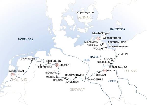 Map: From Amsterdam to Copenhagen, explore the northern canals by cruising  the Elbe, the Havel, the Oder and the Baltic sea (port-to-port cruise) (Croisi Europe)