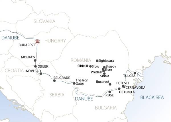 Map: Along the river Danube, Budapest and the Balkan peninsula (port-to-port cruise) (Croisi Europe)