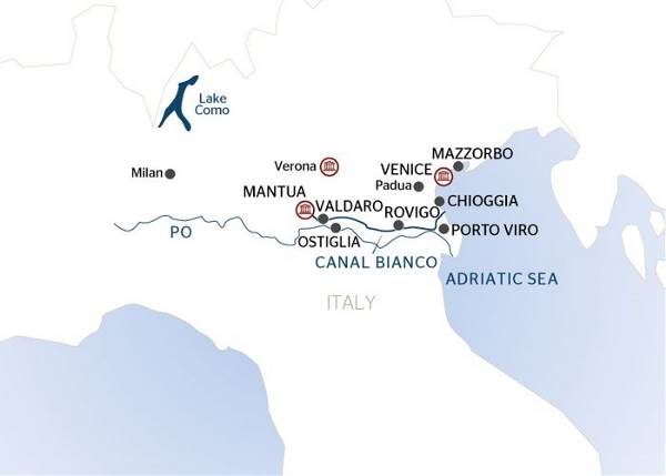 Map: Milan and Lake Como & cruise from Renaissance-infused Mantua to the Canals of Venice (port-to-port cruise) (Croisi Europe)
