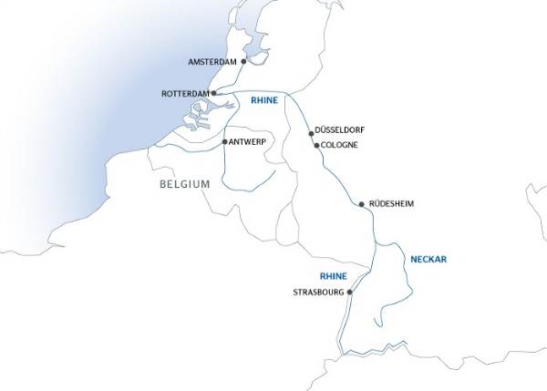 Map: Cruise along the Rhine from Strasbourg to Antwerp (port-to-port cruise) (Croisi Europe)