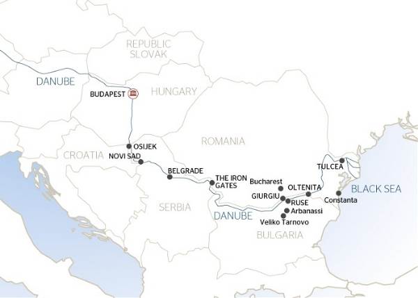Map: Along the river Danube, Budapestand  the Balkan peninsula (port-to-port cruise) (Croisi Europe)