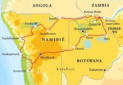 Map: Rondreis Namibië, Botswana & Victoriawatervallen, 21 dagen kampeerreis of hotel/lodgereis (Djoser)