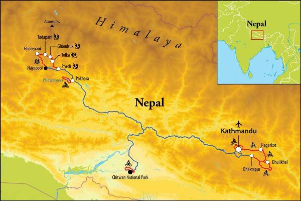 Map: Wandel- en fietsreis Nepal, 17 dagen (Djoser)