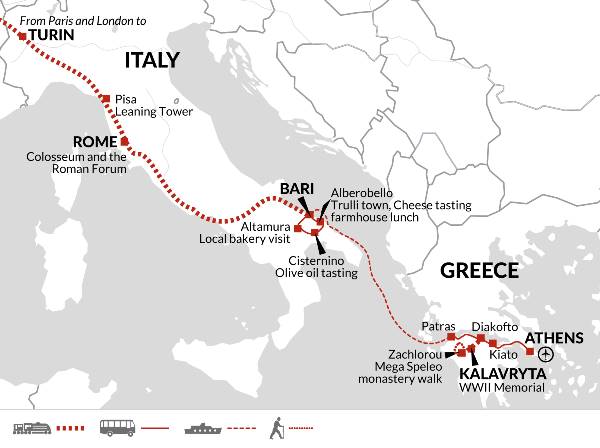Map: London to Rome and Athens by Train (Explore!)