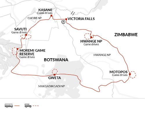 Map: Zimbabwe and Botswana Wildlife Safari (Explore!)