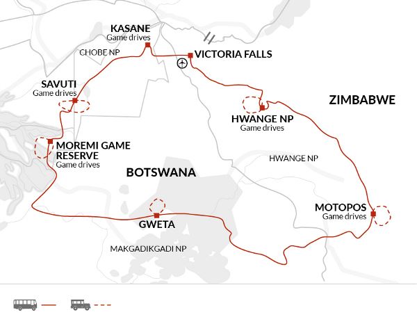 Map: Zimbabwe and Botswana Wildlife Safari (Explore!)