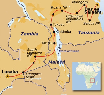 Map: Groepsrondreis Zambia, Malawi en Tanzania (Sawadee)