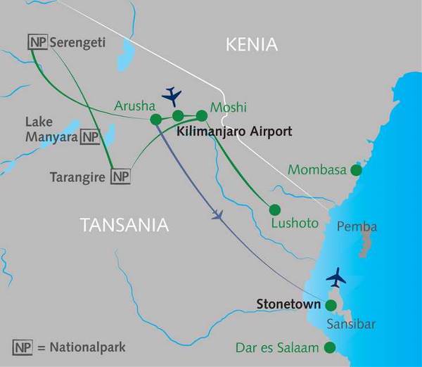 Map: Safaris & Traumstrände zwischen Serengeti & Sansibar (Hotelvariante) (Wikinger)