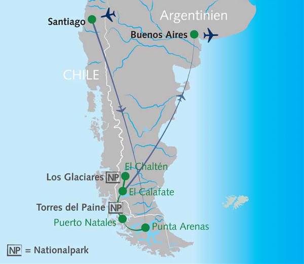 Map: Höhepunkte Patagoniens (Wikinger)