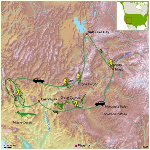 Map: Verenigde Staten -  Winterwandelen Utah & Death Valley, 13 dagen (SNP Natuurreizen)
