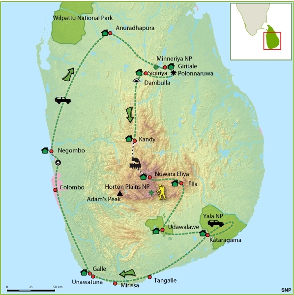 Map: Sri Lanka -  Avontuurlijke rondreis, 15 of 21 dagen (SNP Natuurreizen)