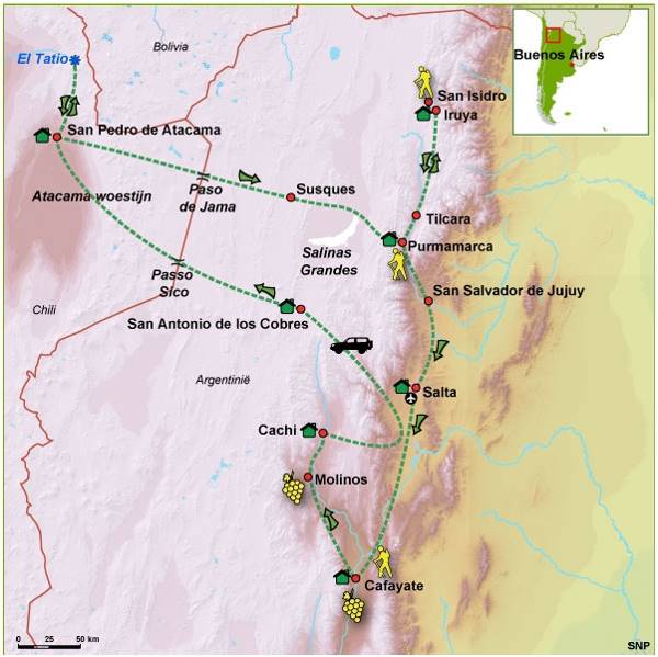 Map: Argentinië, Chili -  Noordwest Argentinië en Atacama-woestijn, 18 of 20 dagen (SNP Natuurreizen)