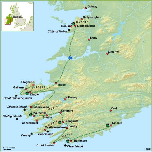 Map: Ierland -  Wild Atlantic Way - zuid, 11 dagen (SNP Natuurreizen)