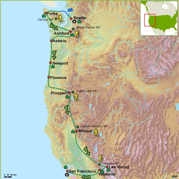 Map: Verenigde Staten -  Hiking Washington, Oregon & Californië, 19 dagen (SNP Natuurreizen)