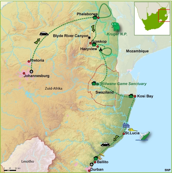 Map: Zuid-Afrika -  Kruger, Swaziland & kust Indische Oceaan, 15 dagen (SNP Natuurreizen)