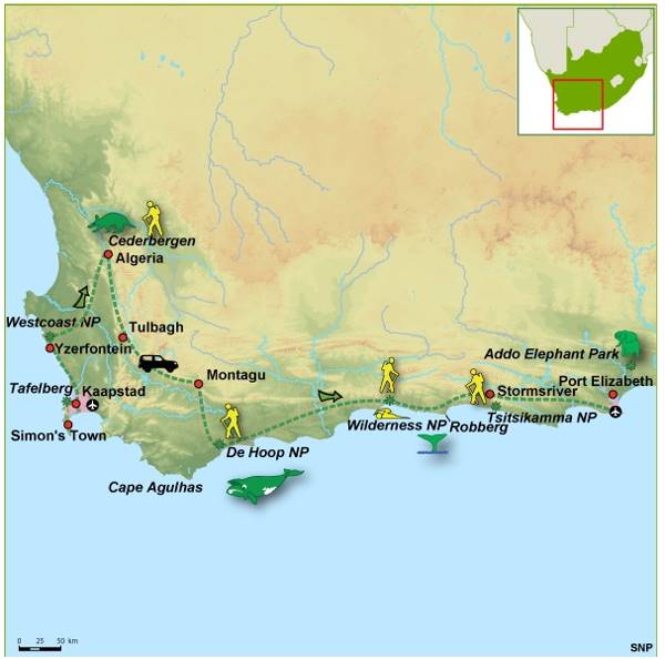 Map: Zuid-Afrika -  Westkaap en Oostkaap, 15 dagen (SNP Natuurreizen)