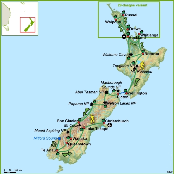 Map: Nieuw-Zeeland -  Noorder- en Zuidereiland, 23 of 29 dagen (SNP Natuurreizen)