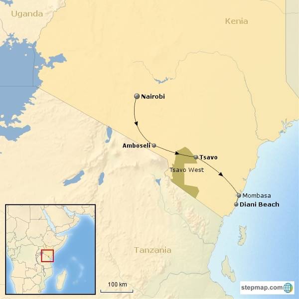 Map: Van tetterende olifant naar snorkelstrand - Kenia budgetreis (Riksja)