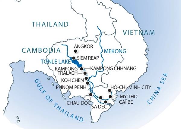 Map: From the Temples of Angkor to the Mekong Delta & Hanoi and Halong Bay (port-to-port cruise) (Croisi Voyages)