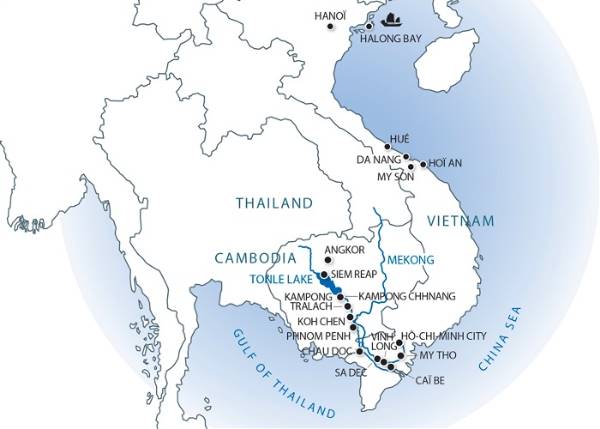Map: From the Temples of Angkor to the Mekong Delta & The Imperial Cities (port-to-port cruise) (Croisi Voyages)