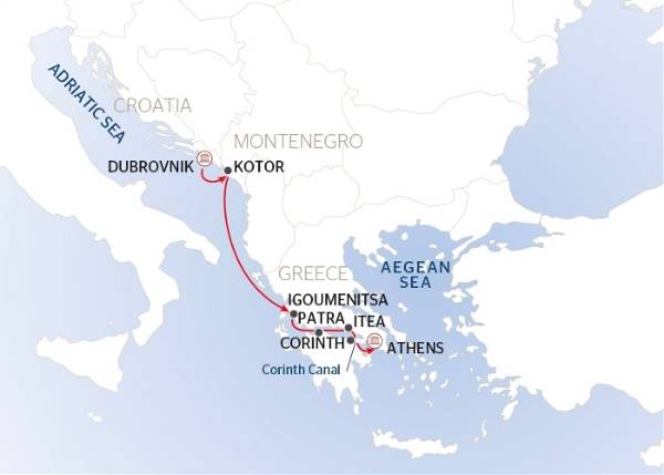 Map: From Dubrovnik to Athens
The Bay of Kotor, the Meteora, and the Corinth Canal (port-to-port cruise) (Croisi Mer)