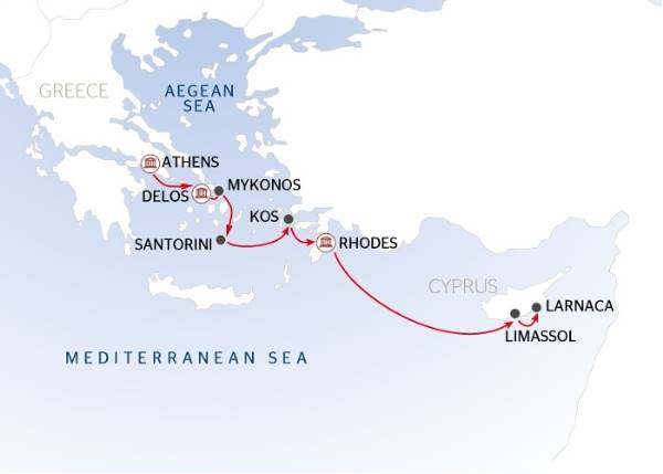 Map: Following the Footsteps of the Olympian Gods from the Ancient City of Athens to Cyprus, the Cyclades, and the Dodecanese (port-to-port package) (Croisi Mer)