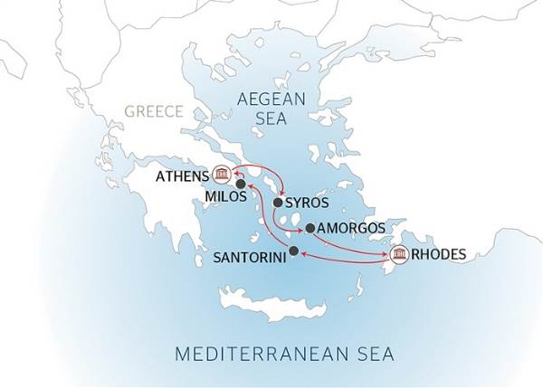 Map: The Mysterious Cyclades and Dodecanese Islands in the Aegean Sea (port-to-port cruise) (Croisi Mer)