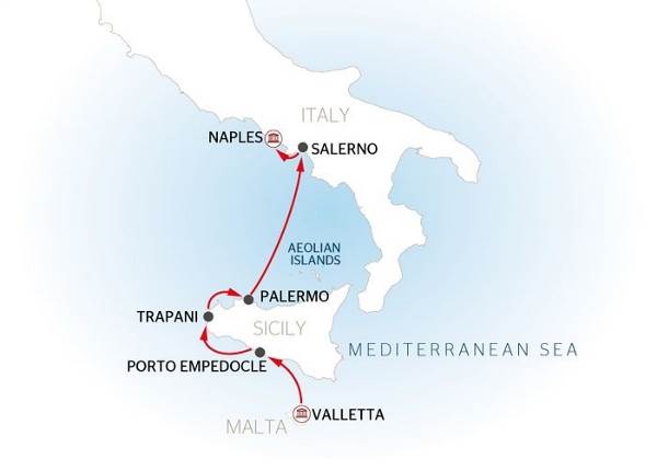 Map: The Best Spots in Sicily and Southern Italy (port-to-port cruise) (Croisi Mer)