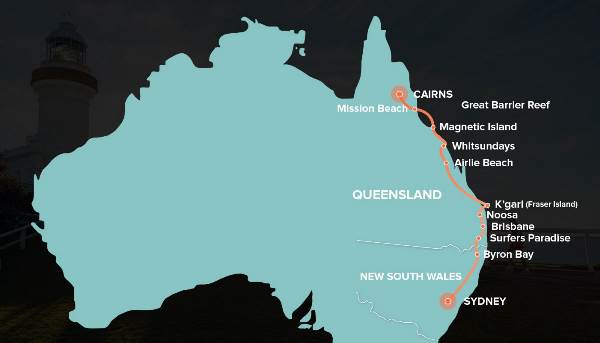 Map: Oz East Coast Adventure (INTRO Travel)