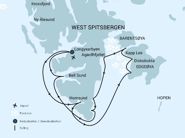 Map: East Spitsbergen, Home of the Polar Bear - Summer Solstice, Including Long Hikes (Oceanwide)