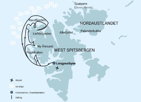 Map: North Spitsbergen, Basecamp, Free kayaking, Hiking, Photo Workshop, Cleaning the Shores (Oceanwide)