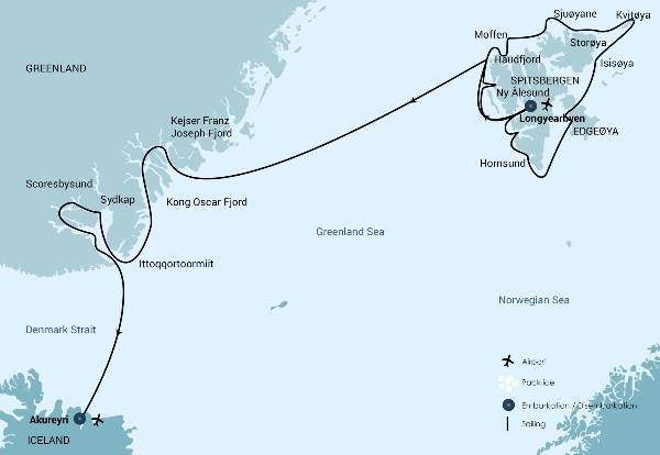Map: 23 Dagen rond Spitsbergen & Noordoost Groenland Aurora Borealis (Oceanwide)