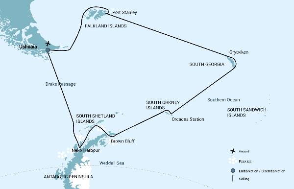 Map: Falkland Islands – South Georgia – Het Antarctisch Schiereiland (Oceanwide)