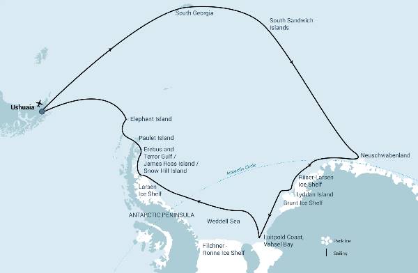 Map: Verre Weddell Sea Explorer incl. South Georgia - Zuid-Sandwicheilanden - Neuschwabenland - Vahselbaai - Larsen Ice Shelf - Paulet en Duivelseiland - Elephant Eiland (Oceanwide)