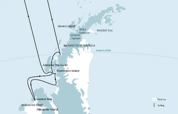 Map: Antarctica - Beyond the Polar Circle - Wilkins Ice Shelf - Aurora Australis (Oceanwide)
