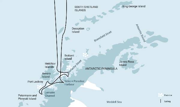Map: Antarctica - Whale watching discovery and learning voyage (Oceanwide)